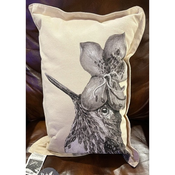 Vicki Sawyer Canvas Pillow Hummingbird Print Off Wht. Black Sketch Drawing Print - Picture 1 of 5